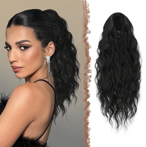 FESHFEN Pferdeschwanz Haarteil mit Kordelzug, Lange Wellen Zopf Verlängerung Haare Extensions Synthetik Wellig Haarverlängerung Clip in Ponytail für Damen, 45 cm Schwarz