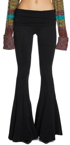 Dolls Kill Dew Morning Schlaghose von Current Mood – gerüschtes Jersey, umklappbare Taille, niedrige Passform mit ausgestelltem Bein, Schwarz, XX-Small