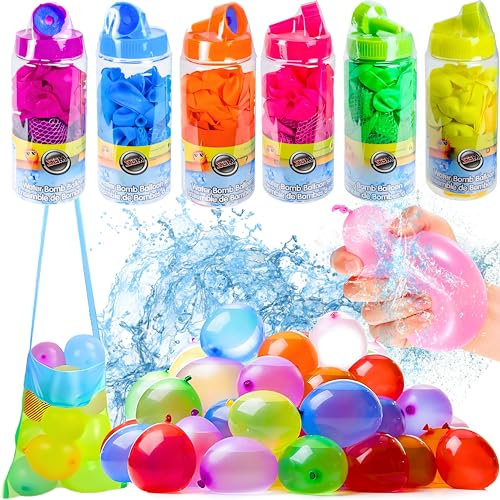 SGM NL-05G Pack of 6 Water Bombs, 360pcs Water Balloons, Self-Closing 60 Second Quick Filler Water Bombs Set With Pump, Colourful Mixed Water Balloons for Birthday Party Water Park Beach Party