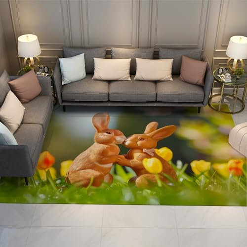 HOBBOY Green Grass Kitchen Mats for Floor Brown Rabbit Doll Pattern Area Rug Yellow flowers Carpet for Kids Living Room Bedroom 120 x 170 cm
