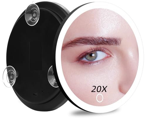 Specchio ingranditore illuminato 20x con ventose, 3 modalità di colore, grande specchio da viaggio ricaricabile da 15 cm con ingrandimento 20x, per trucco, rasatura, pulizia profonda