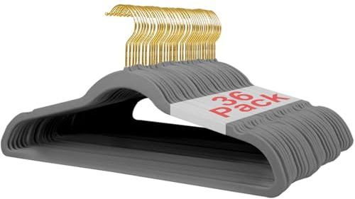 Wellong Kleiderbügel Samt, 45 cm rutschfeste Filz Bügel, Stabile Anzugbügel mit Schulterkerben, Platzsparende Kleiderbügel für Mäntel, Hosen, Silbe, 36 Stück – Grau mit Goldene Haken