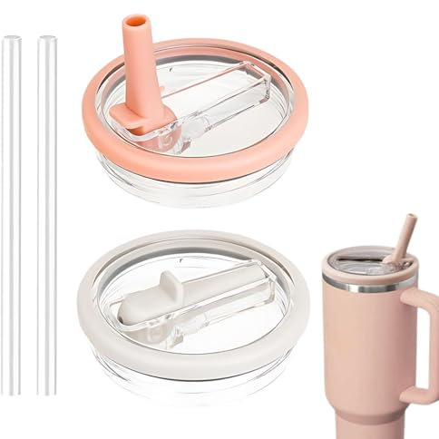 AUEFUDQ Set di 2 Pezzi Stanley Cup Coperchio Impermeabile, Stanley Cup Coperchio Sostituzione 40 Oz, Stanley Cup Accessori Con 2 Pezzi Cannuccia (Rosa+Bianco)