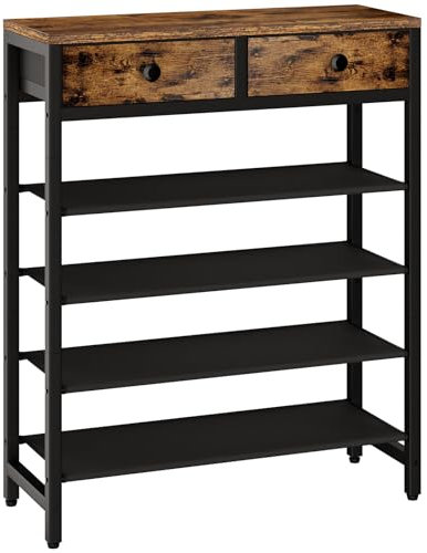 IBUYKE Schuhregal mit 5 Etagen, Große Kapazität Schuhregal mit 2 Stoffschubladen für 12-16 Paar Schuhe, Modern Metall Schuhständer mit Stoff Regal für Eingang Flur Wohnzimmer, Rustikale Braun TXJ040H