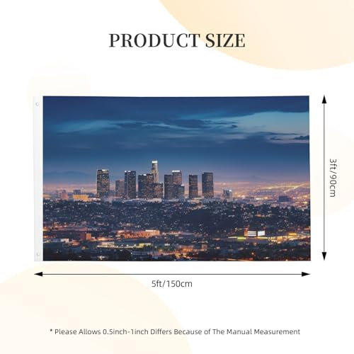 Los Angeles Skyline-Flagge, 90 x 152 cm, für den Außenbereich, Banner, Urlaub, Garten, Hof, Rasen, Dekoration, Flaggen, für Innen- und Außenbereich, doppelseitiger Druck