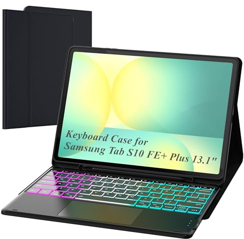 Keyboard Case for Samsung Galaxy Tab S10 FE+ Plus 13.1 2025 : One-Click DEX Mode, Rainbow Backlit, Multi-Touch Trackpad, Flip Stand Case with S-Pen Holder, 2 Wireless Channels Key Board Cover