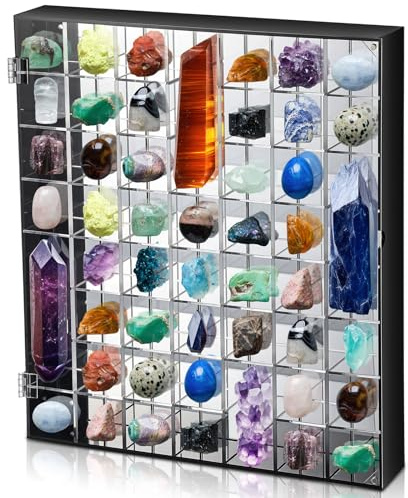Cinnvoice 56 Grid Rock Vitrine Verstellbare Acryl-Vitrine mit verspiegeltem Kristall-Organizer für Sammlerstücke, Mineralkristall, Steine, Wandmontage, magnetisches Türdesign