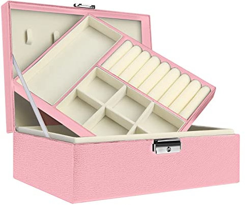 XFZJCHAP Schmuckschachtel Frauen Schmuckschachtel Aufbewahrungsbox 2 Tier großer, abschließbarer Displayständer für Ohrringe, Ringe, Halsketten, Armbänder Aufbewahrung (Farbe: Weiß) (rosa)