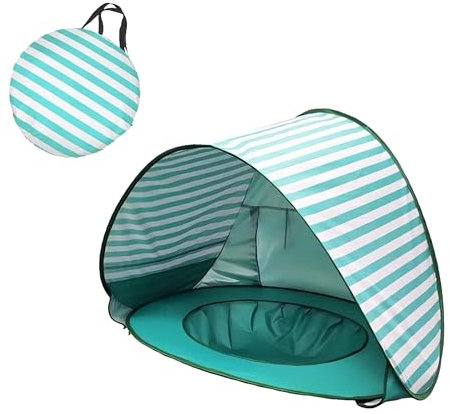 Tienda de Playa con Piscina para Bebé Infantil, Tienda Pop Up con ventilación, Plegable Portátil Protección Sol Anti UV 50+, Refugio Solar para Bebé (Raya Verde)