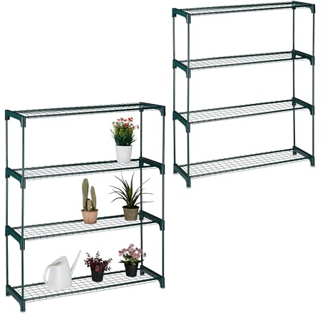 Relaxdays Plant Rack, Set of 2, 4 Shelves, for Flowers & Pots, Metal & Plastic, 106x91x28 cm, Shelving for Herbs, Green