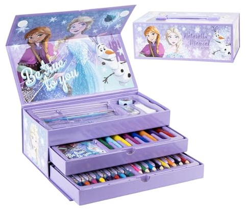Disney Frozen Schreibwaren-Set, Enthält Buntstifte, Marker, Wasserfarben, Pinsel, Schwamm, Bleistift, Spitzer, Radiergummi, Wachsmalstifte, Notizbuch, Federmäppchen, Schulset für Mädchen