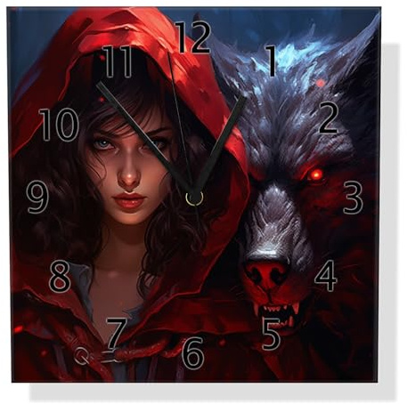 Wallario Design-Wanduhr Das Mädchen und der Wolf aus Glas, Motiv-Uhr Größe 30 x 30 cm, Schwarze Zeiger
