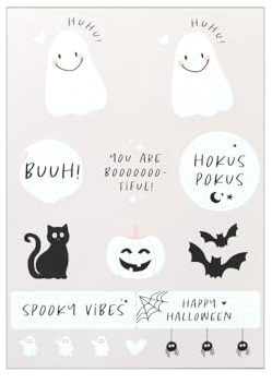 Odernichtoderdoch Stickerbogen 2er-Set „Halloween - Zwei Bögen voller süßer Gespenster, Fledermäuse und Herzchen, Aufkleber mit süßen Spooky-Vibes