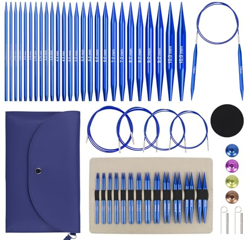 Reessy Circular Knitting Needles, Interchangeable Circular Knitting Needles Set with Case & Accessories, 13 Pair of Round Knitting Needle 3mm-10mm, Circular Knitting Kit for Beginners Adults-Blue