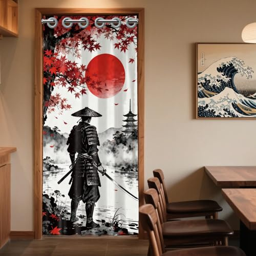 CONCHLERY Door Curtain Japanese Samurai Red Maple Leaves 78x39 Inch | Japanese Samurai Red Maple Leaves Door Curtain Room Divider for Home and Restaurant