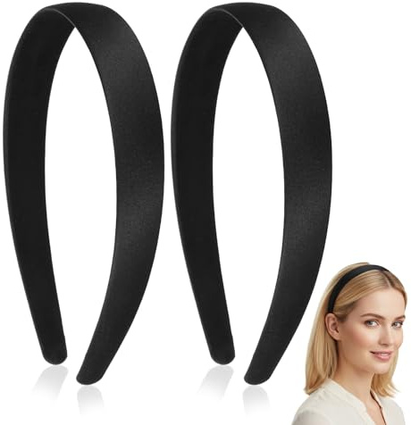 Lot de 2 serre-têtes simples, noirs, pour femmes et filles, 2 cm de large, rembourrés, antidérapants, élastiques, élégants et confortables, couleur unie