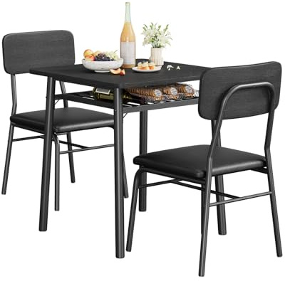 Esstisch-Set mit 2 Stühlen, Küchentisch mit Leder, gepolsterter Stuhl, für unter dem Tisch, leichtes Esstisch-Set für 2 Personen, für kleine Räume, Wohnung (schwarz)