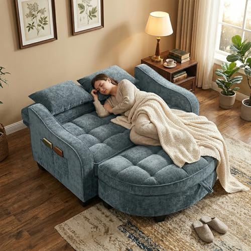 AliSefaiy Schlafsofa Klein,Sofa Mit Schlaffunktion132×129×93cm (Blau) | 2-In-1 Couch Klein With Aufbewahrungs-Hocker&4 Kisse&Seitenfach-Aufbewahrung Für Kleine Wohnzimmer/Studienzimmer/Schlafzimmer