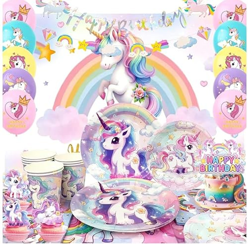 Forniture de Unicorno Festa Compleanno,10 Ospiti Kit Unicorno Compleanno Piatti Unicorno Bicchieri Tessuto di Sfondo Tovaglioli Tovaglia Striscione etc Forniture de Festa Tema