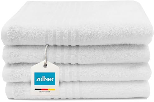 ZOLLNER 4er Set Handtücher in 50x100 cm - saugstarke Badetücher in weiß - mit praktischem Aufhänger - mit eleganten Tiefgangstreifen - waschbar bis 95°C - Baumwolle - Hotelqualität