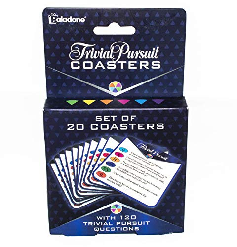 Paladone Trivial Pursuit Question Card Coasters | 20 Drink Coasters With Questions | 120 Trivia Questions & Answers | 6 Classic Trivial Pursuit Categories | Party Drink Games