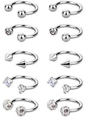 10 Stück Edelstahl Hufeisen Hoop Nasenringe Hoop chirurgische Piercing für Helix Tragus Knorpel Lippe Augenbraue, 16 Gauge, 5 Stile