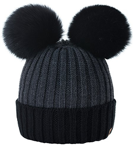 MFAZ Morefaz Ltd Damen Winter Beanie Strickmütze Mütze Doppelt Bommel Pom Pom Wurm SKI Mütze (Black Dark-Grey)
