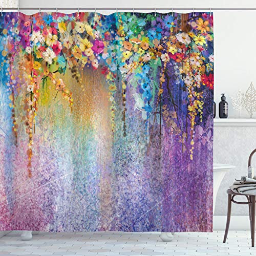 ABAKUHAUS Fleur Rideau de Douche, Fleurs en Floraison, Tissu Ensemble de Décor de Salle de Bain avec Crochets, 175 cm x 240 cm, Multicolore