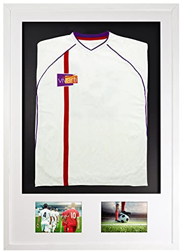 Vivarti DIY Adult 3D Mounted + Double Aperture Sports Shirt Display Frame for Football Shirt, Rugby Shirt, Band T-Shirt Shadow Box - 61 x 91.5cm - White Frame, White Mount, Black Backing Card