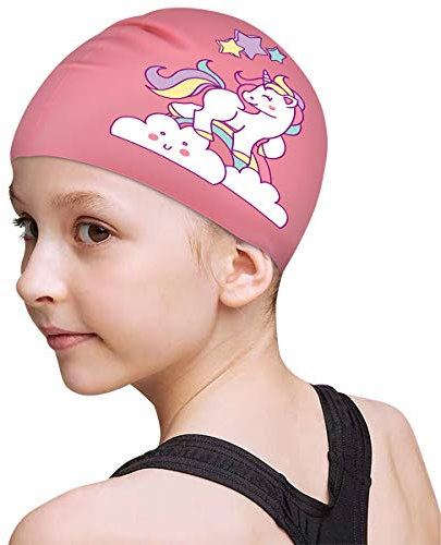 FUNOWN Bonnets de bain imperméables pour enfants, garçons et filles âgés de 2 à 8 ans, bonnets de bain imperméables pour cheveux longs et courts (rose)