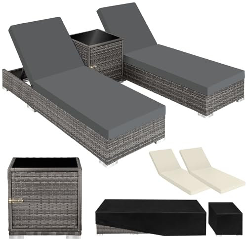TecTake® Set 2 Tumbonas de Ratán y Aluminio + Mesa Jardín, Tumbonas Piscina Respaldo Regulable, Tumbonas Playa Resistente a la Intemperie, Fundas Intercambiables, Funda Protectora - Natural