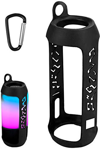 Linkidea Silikon-Lautsprecherhülle, kompatibel mit JBL Pulse 3, kabellos, IPX7, wasserdichter Lautsprecher, schützende weiche Hülle, Reise-Tragetasche mit Schlüsselanhänger-Haken (schwarz)