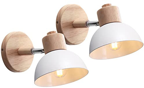 iDEGU 2 Stücke Wandleuchten Moderne Innen Wandlampe aus Holz Metall Halbkreis Lampenschirm E27 Verstellbare Wandspot Vintage Lampe für Schlafzimmer Wohnzimmer (2 Lampen, Weiß)