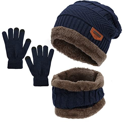 Durio Kinder Mütze Schlauchschal Handschuhe Mütze Set Wintermütze mit Fleece Gefütterte Strickset für Jungen und Mädchen Navy Blau Einheitsgröße