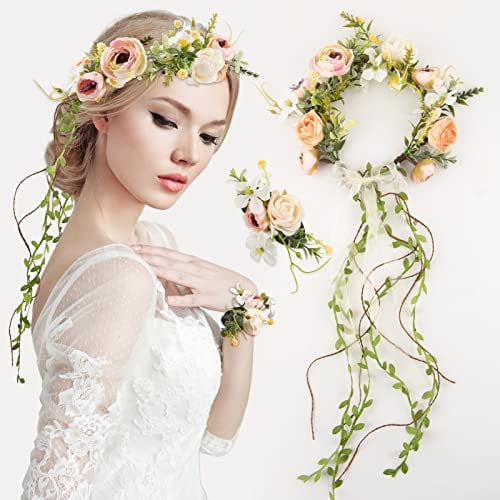 BETESSIN Blumenkranz Haare Blumenkrone mit Blumen Armband Braut Haarschmuck Oktoberfest Dirndl Kunstblumen Rosen Kopfkranz mit Verstellbarem Band Türkranz für Hochzeit Party Feste Strand