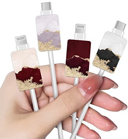 Luxury Cable Protector for iPhone Type-c Charger for Women Girls Teen with Golden Marble Pattern 4 PCS Set Phone Cable Protector,Charging Cord Saver,Cable Chomper,Cable Wire Protector