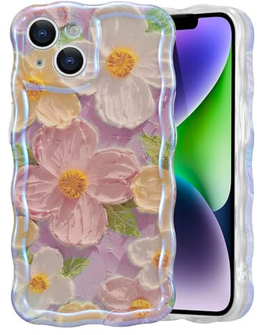 EYZUTAK Case for iPhone 13, Colorful Retro Oil Painting Flower Laser Beam Glossy Pattern Cute Curly Waves Border Exquisite Phone Cover Stylish Durable Soft TPU Protective Case for Girls Women - Pink