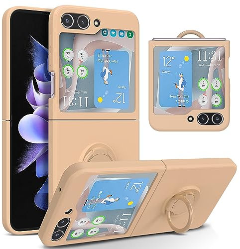 UEEBAI Custodia in silicone con anello per Samsung Galaxy Z Flip 5 5G, leggera, pieghevole, sottile assorbimento degli urti, con rotazione a 360 gradi, colore rosa