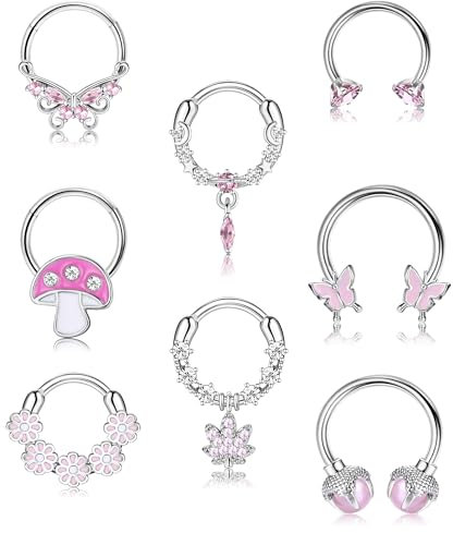 Kakonia 8Pcs Septum Piercing 16G Edelstahl Silber Septum Ring für Frauen Rosa CZ Schmetterling Baumeln Septum Clicker Nase Ringe Knorpel Hoop Ohrringe Daith Piercing Schmuck 8MM