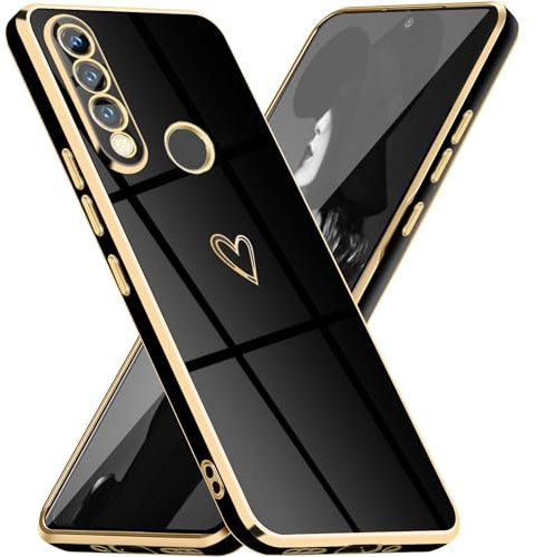 Mkej Glitzernde Handyhülle Für Huawei P30 Lite Hülle mit Kameraobjektivschutz, Herz Love Design Galvanik Stoßfeste Dünne TPU Silikon Schutzhülle für Huawei P30 Lite, Schwarz Gold