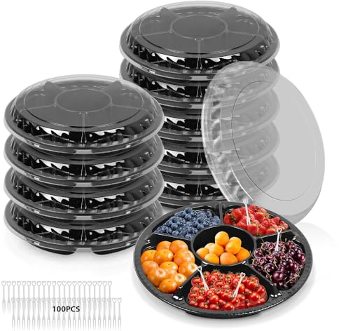 Incycall Juego de 10 bandejas redondas de plástico para servir aperitivos con tapa, diseño mejorado, capacidad aumentada en un 20%, platos divididos de 10.6 pulgadas con 100 tenedores, adecuados para