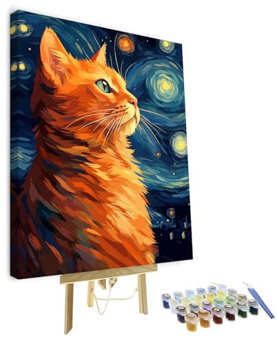 TISHIRON Chat Peinture par Numéros Adultes Animaux DIY Adultes Peinture par Numéro Kits sur Toile Ciel étoilé Huile Main Peinture avec Pinceau et Acrylique Pigment Arts Artisanat 40x50cm(Cadre)