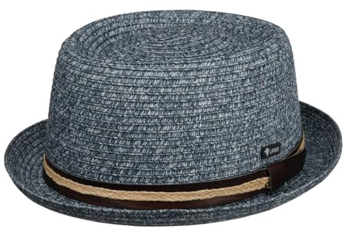LIPODO Sombrero de Paja Carignano Pork Pie Hombre - Made in Italy Sol con Banda Piel, Grosgrain Verano Primavera/Verano - L (58-59 cm) Azul-mélange