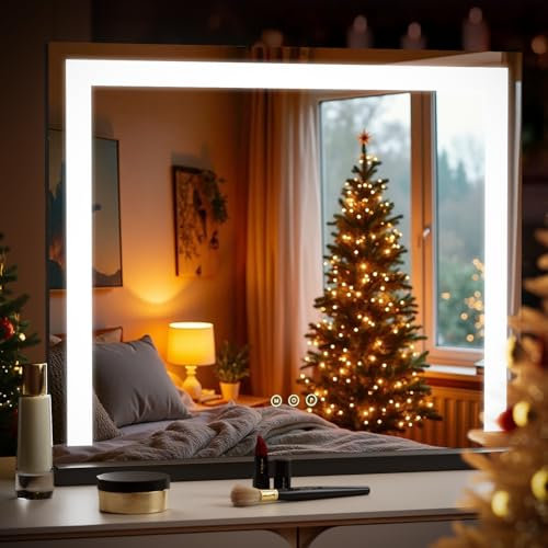 Heilmetz Schminkspiegel mit Beleuchtung LED, Hollywood Spiegel mit Beleuchtung, Dimmbar 3 Lichtfarben, Touch Schalter, Makeup Schminkspiegel mit Licht 60x52cm, Schwarz