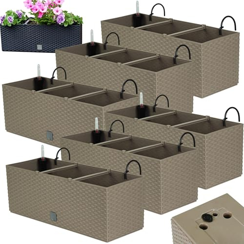 Juego de macetas para balcón 6 x 51 x 19 x 18,5 cm | Maceta de balcón con Aspecto de ratán | Maceta con asa, Soportes y Sistema de riego | Macetas para terraza | Jardinera de diseño Elegante | Mocca