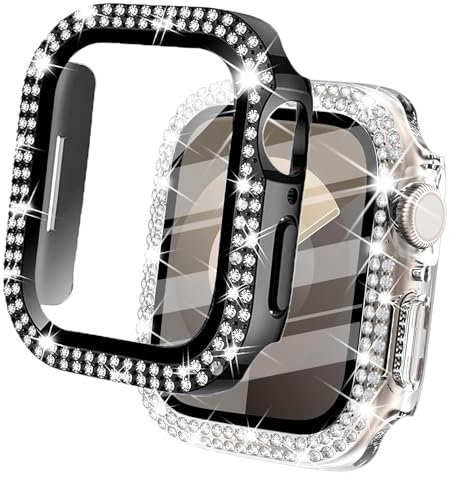 DEALELE [Confezione da 2] Custodia in vetro temperato compatibile con Apple Watch Series 6/5/4/SE (40 mm), glitter a doppio petto con pellicola protettiva in vetro temperato (nero + trasparente)