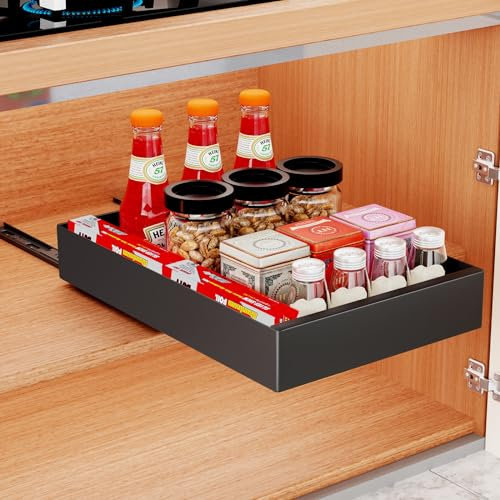 Gelewuld Teleskopschublade zum Kleben, Ausziehbarer Schrank Organizer für Küchenschrank Organizer, Slide Out Drawer, Kein Bohren Schrank Organizer Küche (Black/30 W*43 D*7 H cm)