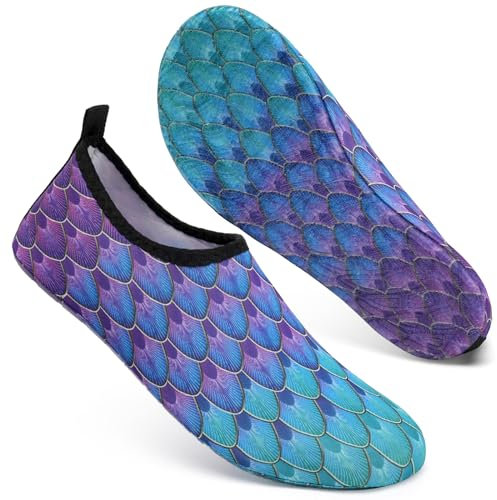 Chaussettes de natation pour pieds nus - Protection pour la mer, la plage, la piscine - Pour homme et femme, Écailles de poisson bleu-vert, 36.5/37.5 EU