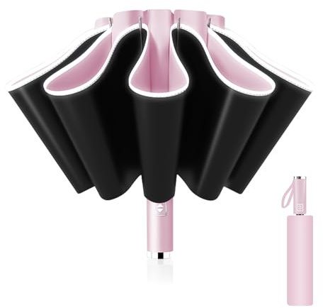 Pioggistar Regenschirm Sturmfest, Taschenschirm für Herren und Damen, Umgekehrter Regenschirme 10 Rippen, Automatisch Auf und Zu, kompakt, Durchmesser 105 cm, Rosa
