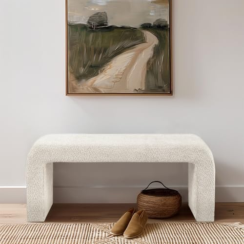 Ink+Ivy Steve Entryway Accent Bench Padded, Cozy Plush Boucle Upholstered Bench for Living Room, Modern Curved Corner Compact Bed End Bench for Bedroom, Indoor Seating, Fully Assembled, 42 W Cream